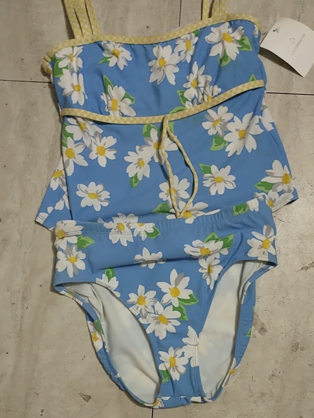 NWT Liz Claiborne Blue Daisy Tankini Swim Set yellow dot trim sz 8